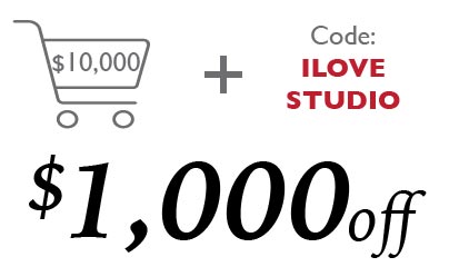 Shopping cart icon with $10,000 value, promo code ILOVE STUDIO, and $1,000 off.
