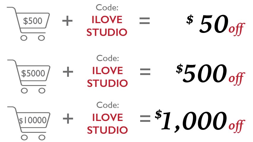 Tiered discount graphic: cart with $500, Code: ILLOVE STUDIO, equals $50 off; cart with $5000, Code: ILLOVE STUDIO, equals $500 off; cart with $10000, Code: ILLOVE STUDIO, equals $1,000 off.