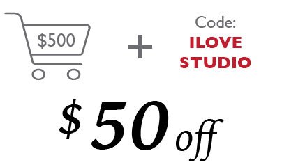 Promo banner offering $50 off with code ILOVE STUDIO on a $500 purchase, shown with a shopping cart icon.